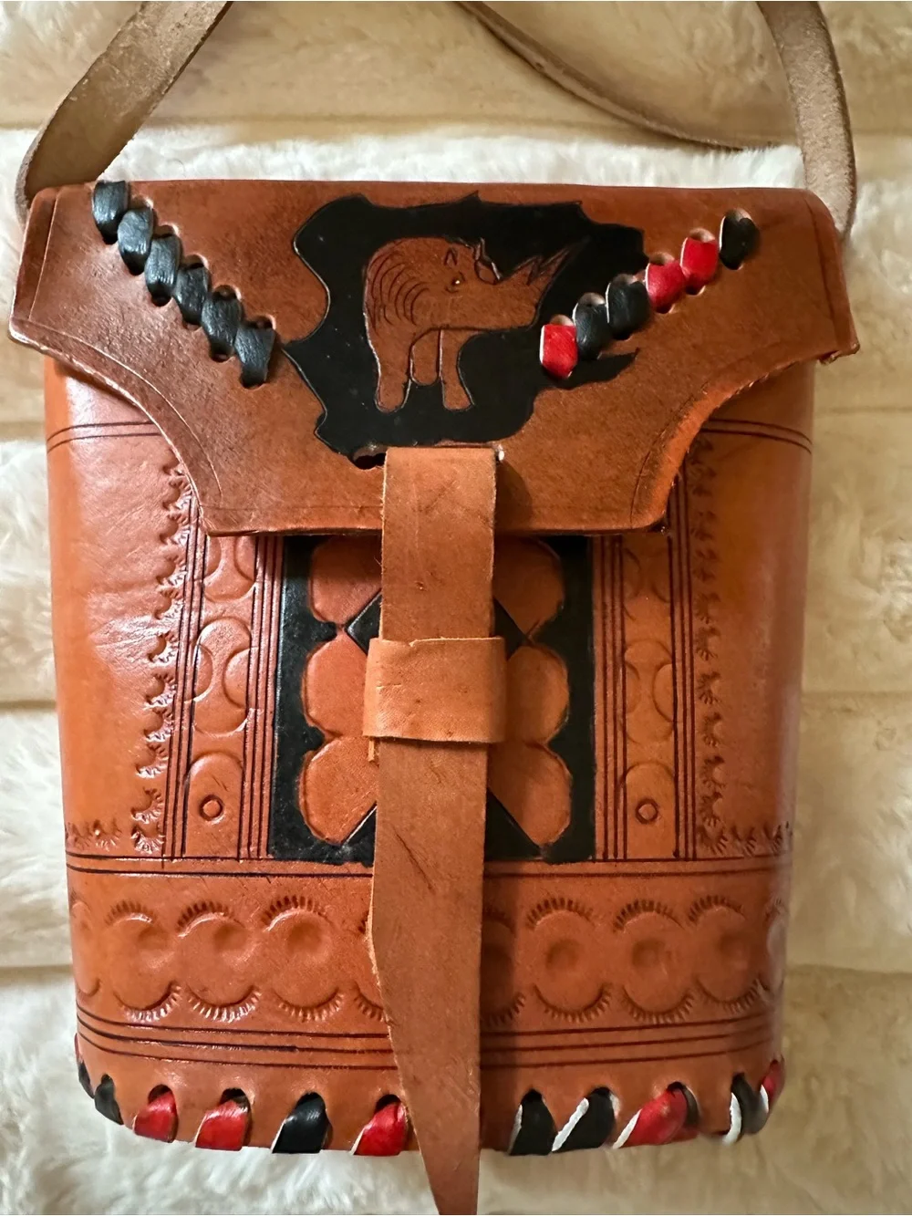 Handcrafted Brown Leather Messenger Bag with Black & Red Accents